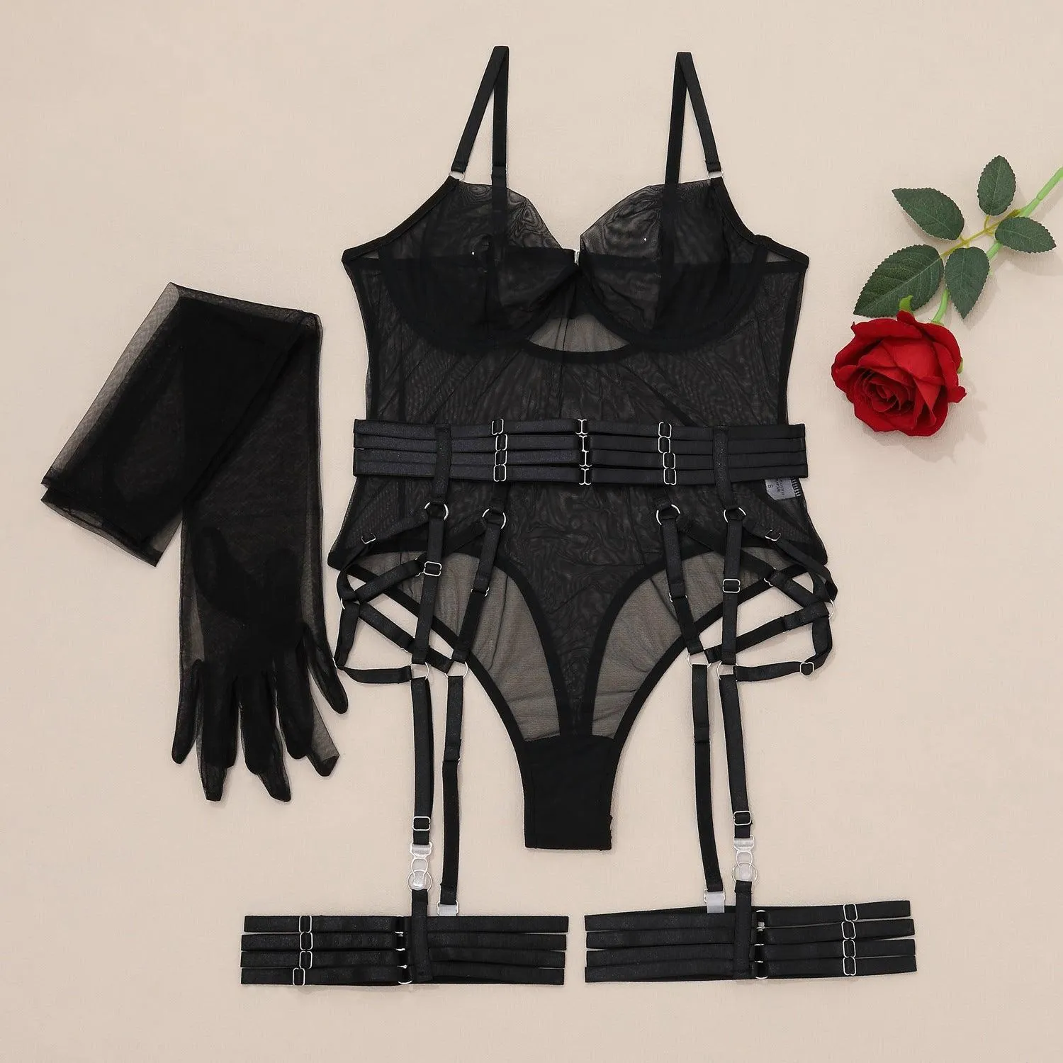 Mesh Bodysuit with Garter Belts, Gloves & Buckle Detail
