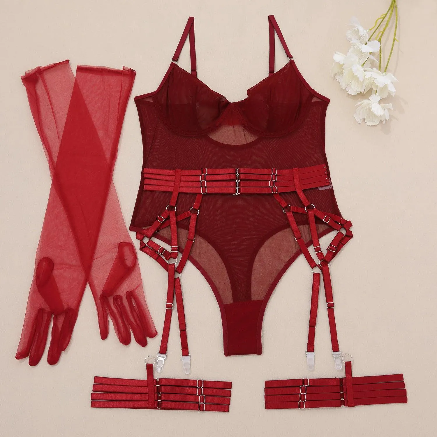 Mesh Bodysuit with Garter Belts, Gloves & Buckle Detail