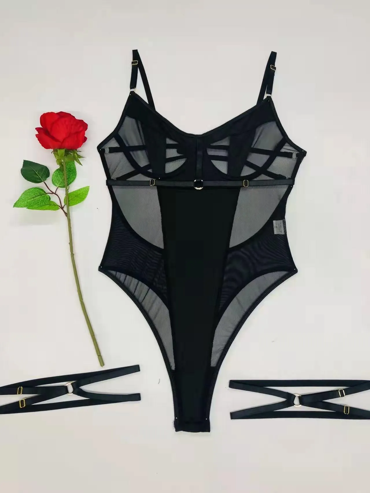 Mesh Stitched Backless Bodysuit - Sleeveless Cutout Design