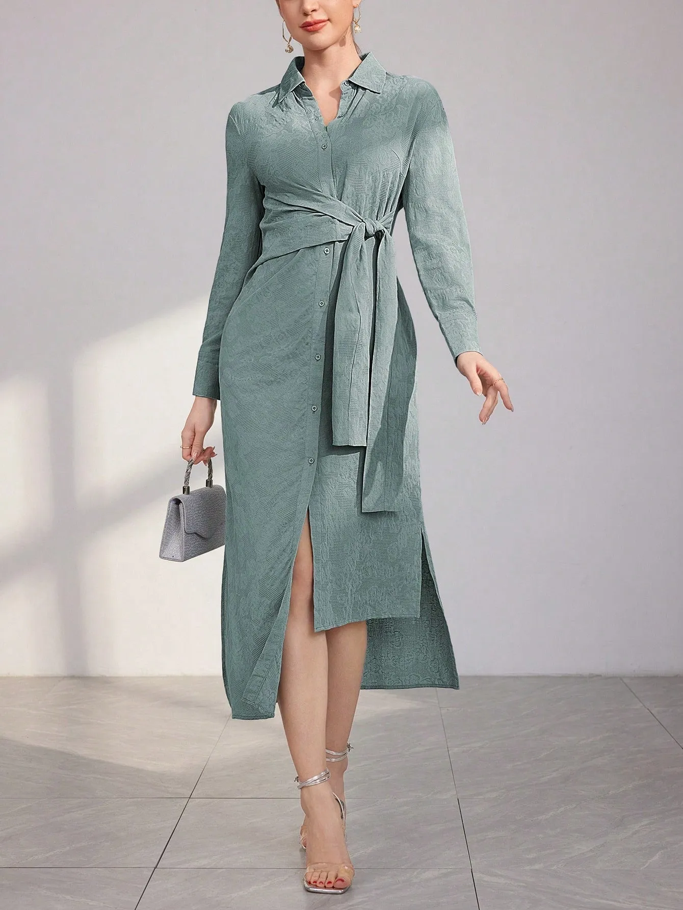 Modely Women's Long Sleeve Tie Front Shirt Dress