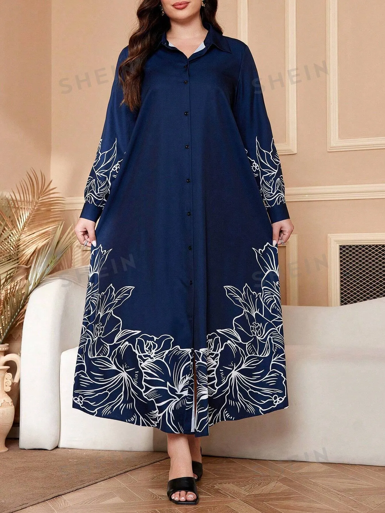 Najma Plus Size Women Floral Print Long Sleeve Loose Long Casual Shirt Dress