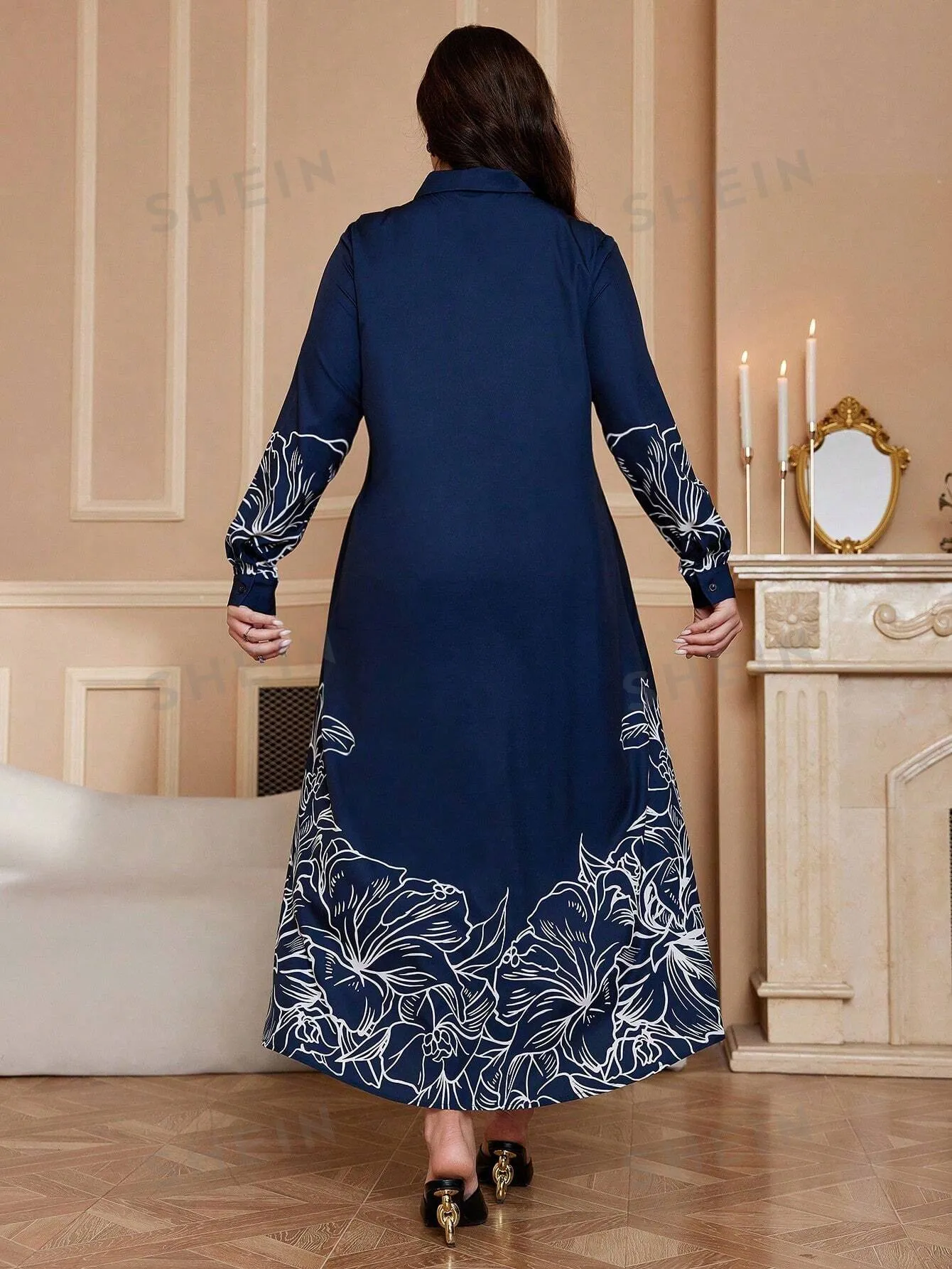 Najma Plus Size Women Floral Print Long Sleeve Loose Long Casual Shirt Dress