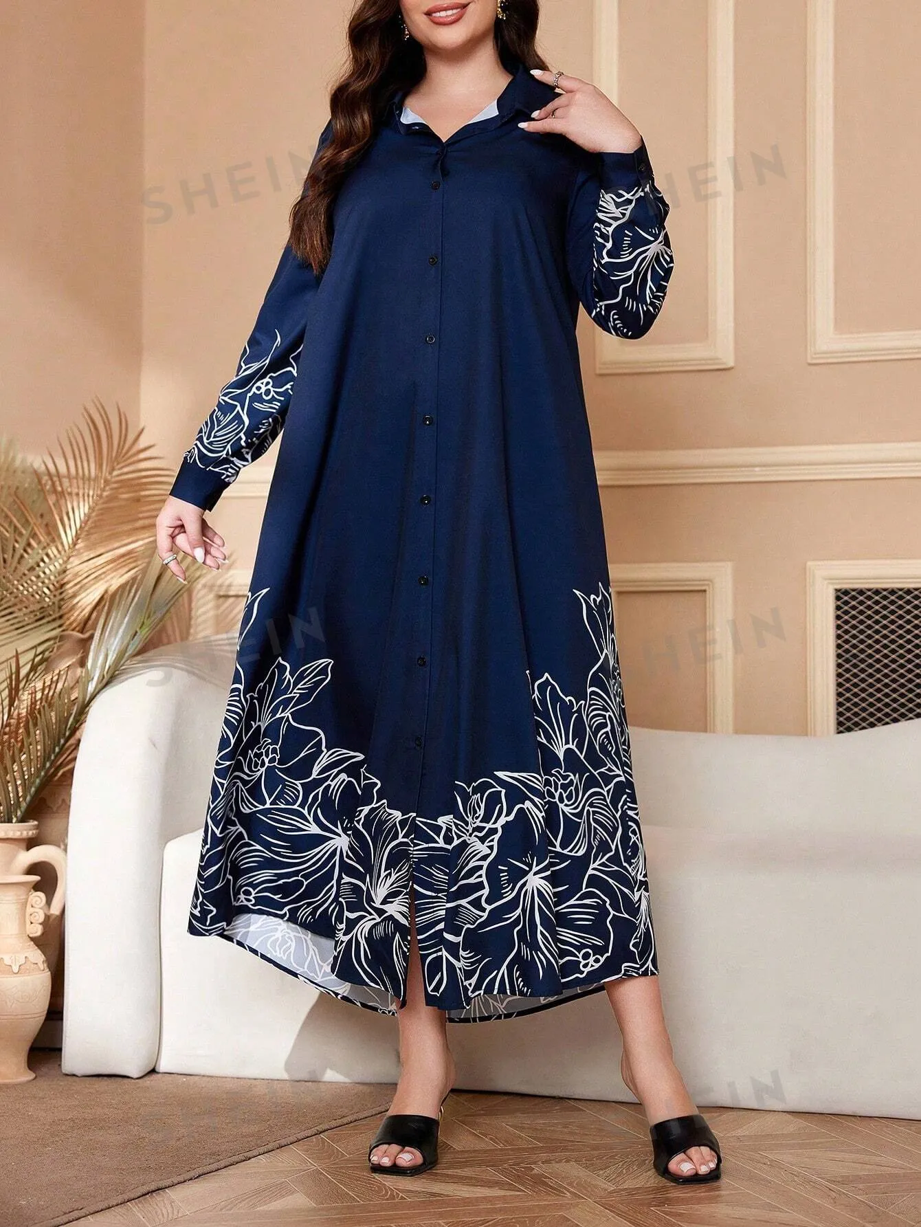 Najma Plus Size Women Floral Print Long Sleeve Loose Long Casual Shirt Dress