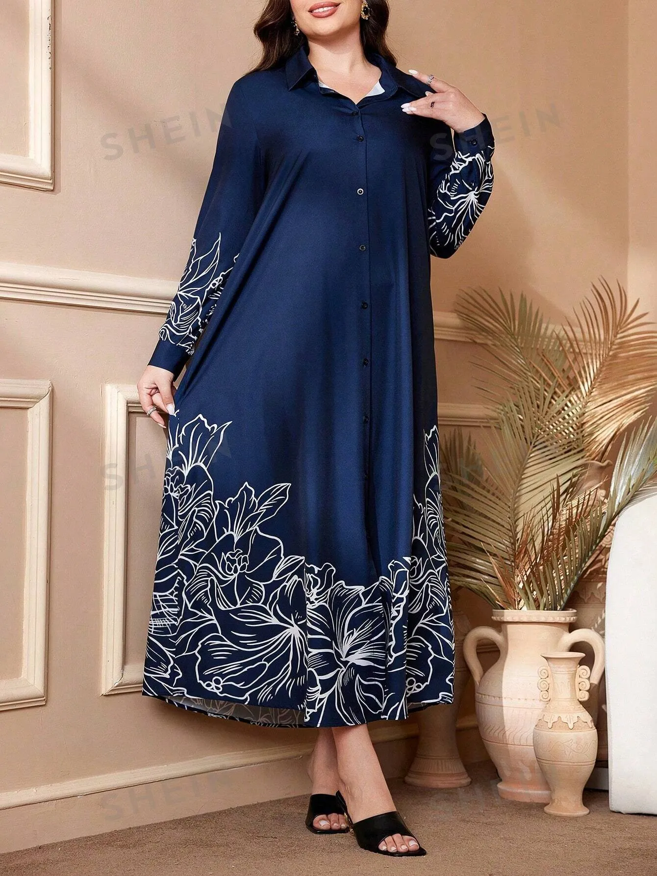 Najma Plus Size Women Floral Print Long Sleeve Loose Long Casual Shirt Dress