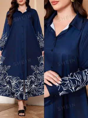Najma Plus Size Women Floral Print Long Sleeve Loose Long Casual Shirt Dress