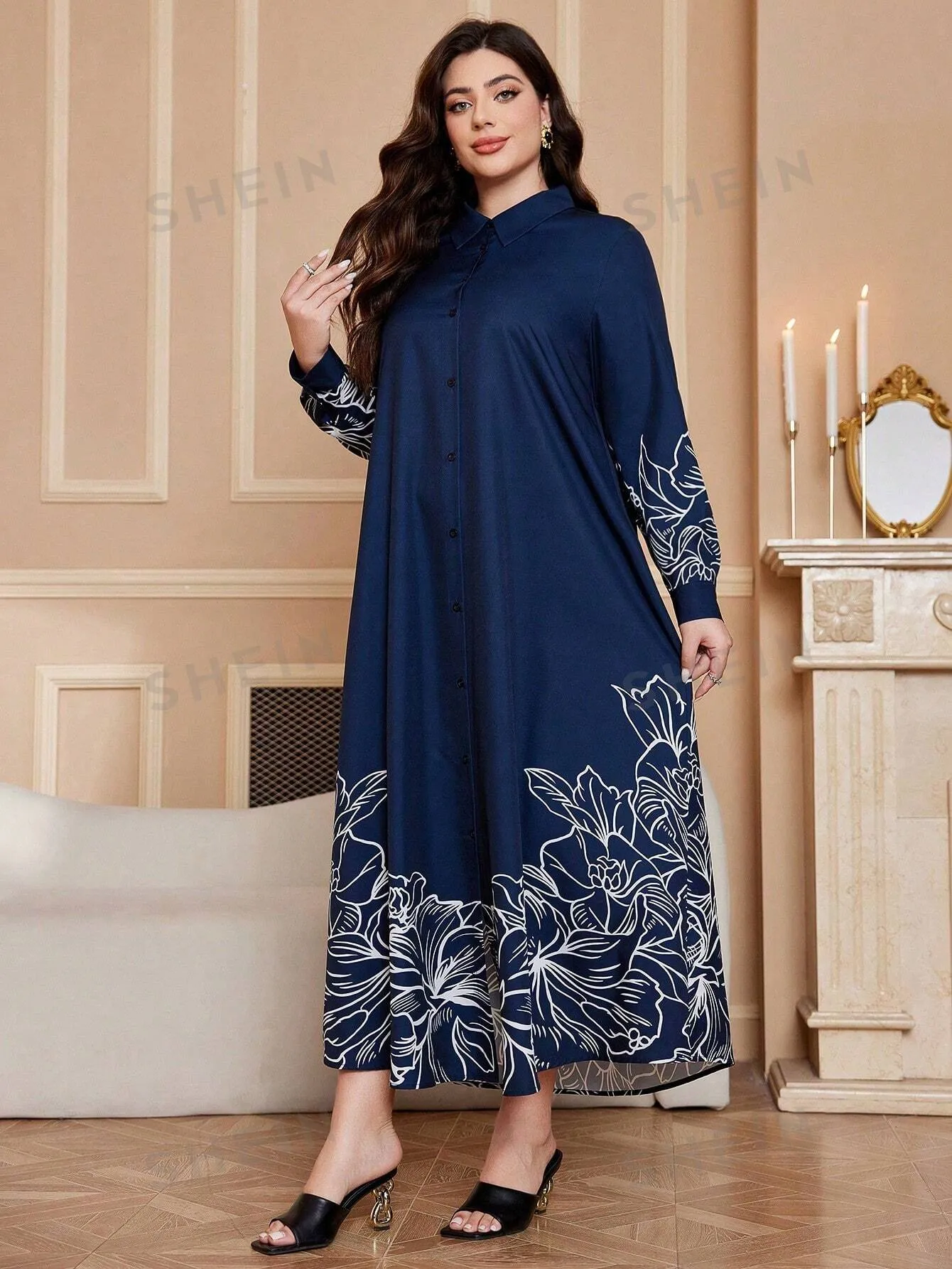 Najma Plus Size Women Floral Print Long Sleeve Loose Long Casual Shirt Dress