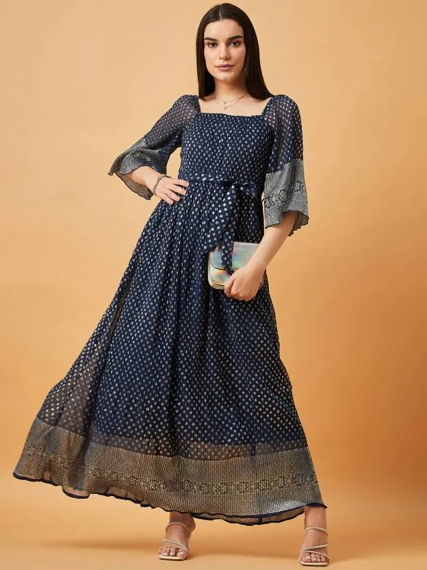 Navy Blue Printed Square Neck Maxi Dress