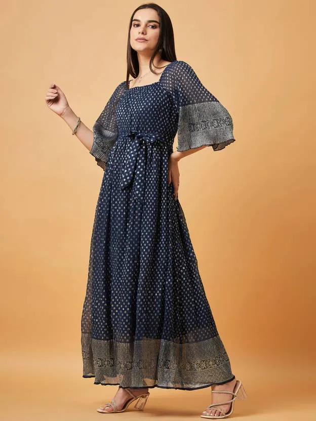 Navy Blue Printed Square Neck Maxi Dress