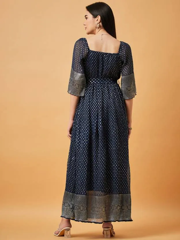 Navy Blue Printed Square Neck Maxi Dress