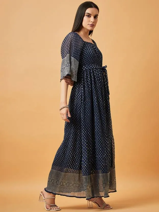Navy Blue Printed Square Neck Maxi Dress
