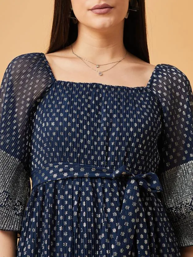 Navy Blue Printed Square Neck Maxi Dress