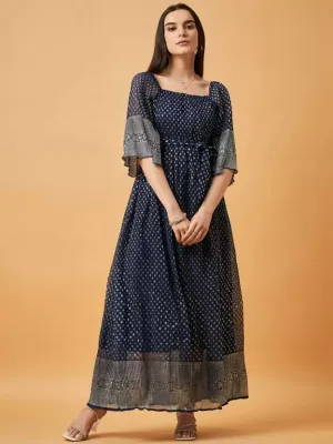 Navy Blue Printed Square Neck Maxi Dress