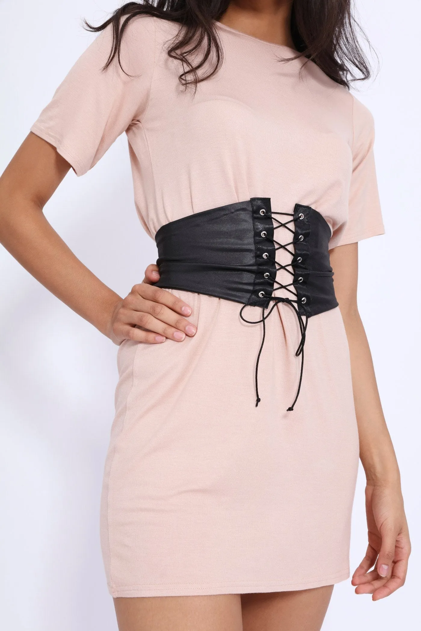 Nude White T Shirt Dress With Corset