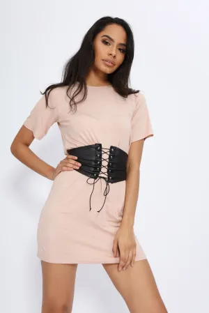 Nude White T Shirt Dress With Corset