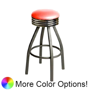 Oak Street Backless Retro Upholstered Swivel Bar Stool 31"H x 14.5"W Red Vinyl Chrome Band Metal Base Metal Bar Bearings With Ring Basese Metal Bar Bearings With Ring Base
