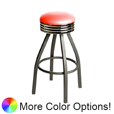 Oak Street Backless Retro Upholstered Swivel Bar Stool 31"H x 14.5"W Red Vinyl Chrome Band Metal Base Metal Bar Bearings With Ring Basese Metal Bar Bearings With Ring Base