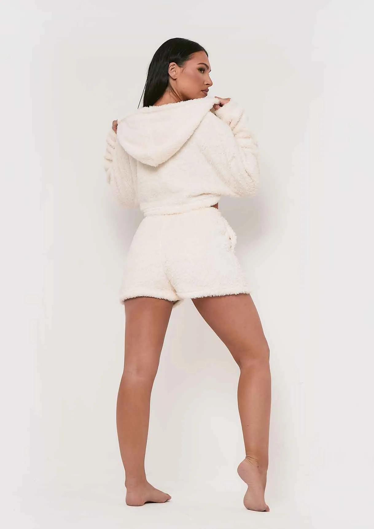 Olivia Cream Fluffy Teddy Borg Cropped Zip Up Hoodie