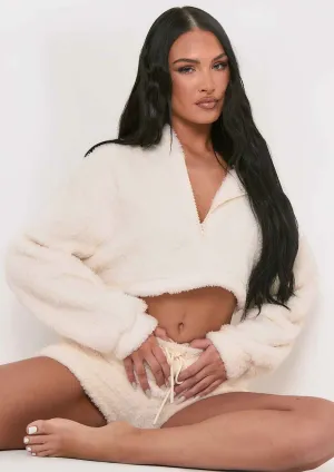 Olivia Cream Fluffy Teddy Borg Cropped Zip Up Hoodie
