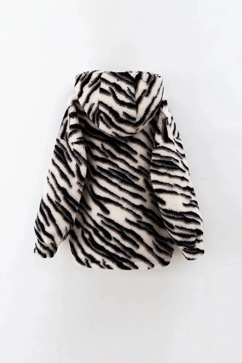 Oversized Zebra Print Genuine Wool Shearling Jacket with Hood