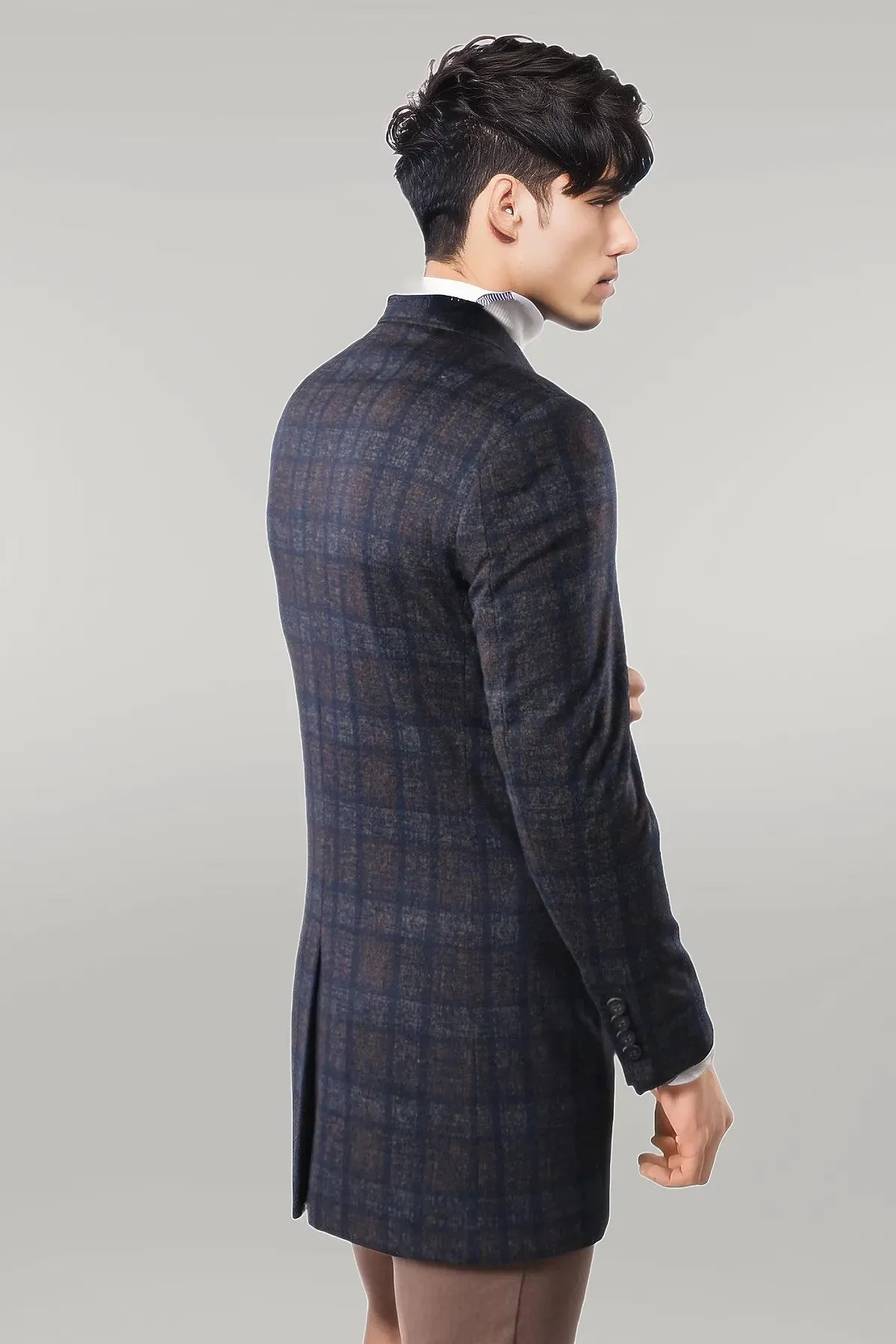 Plaid Over Knee Smoked Men Coat - Wessi