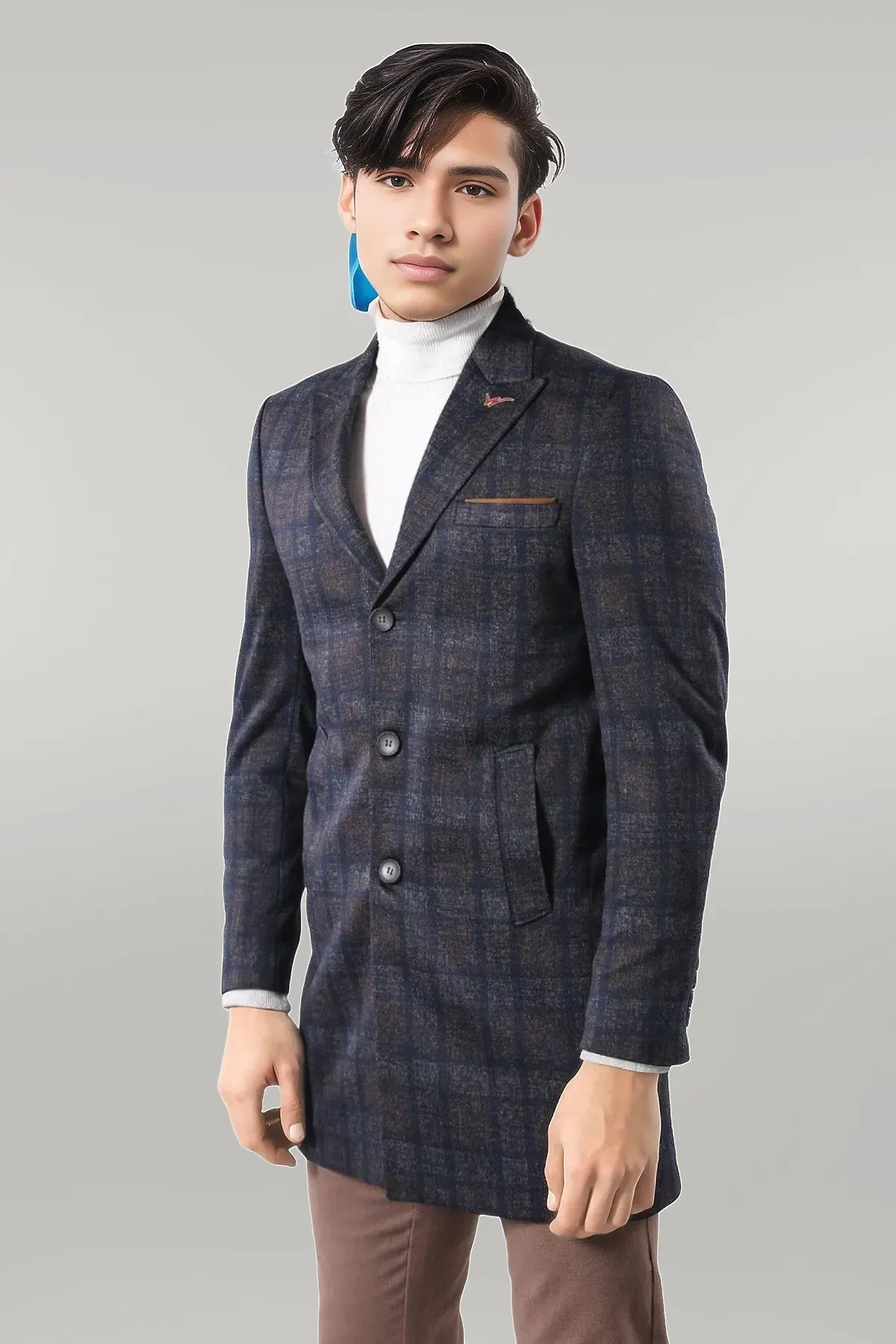 Plaid Over Knee Smoked Men Coat - Wessi