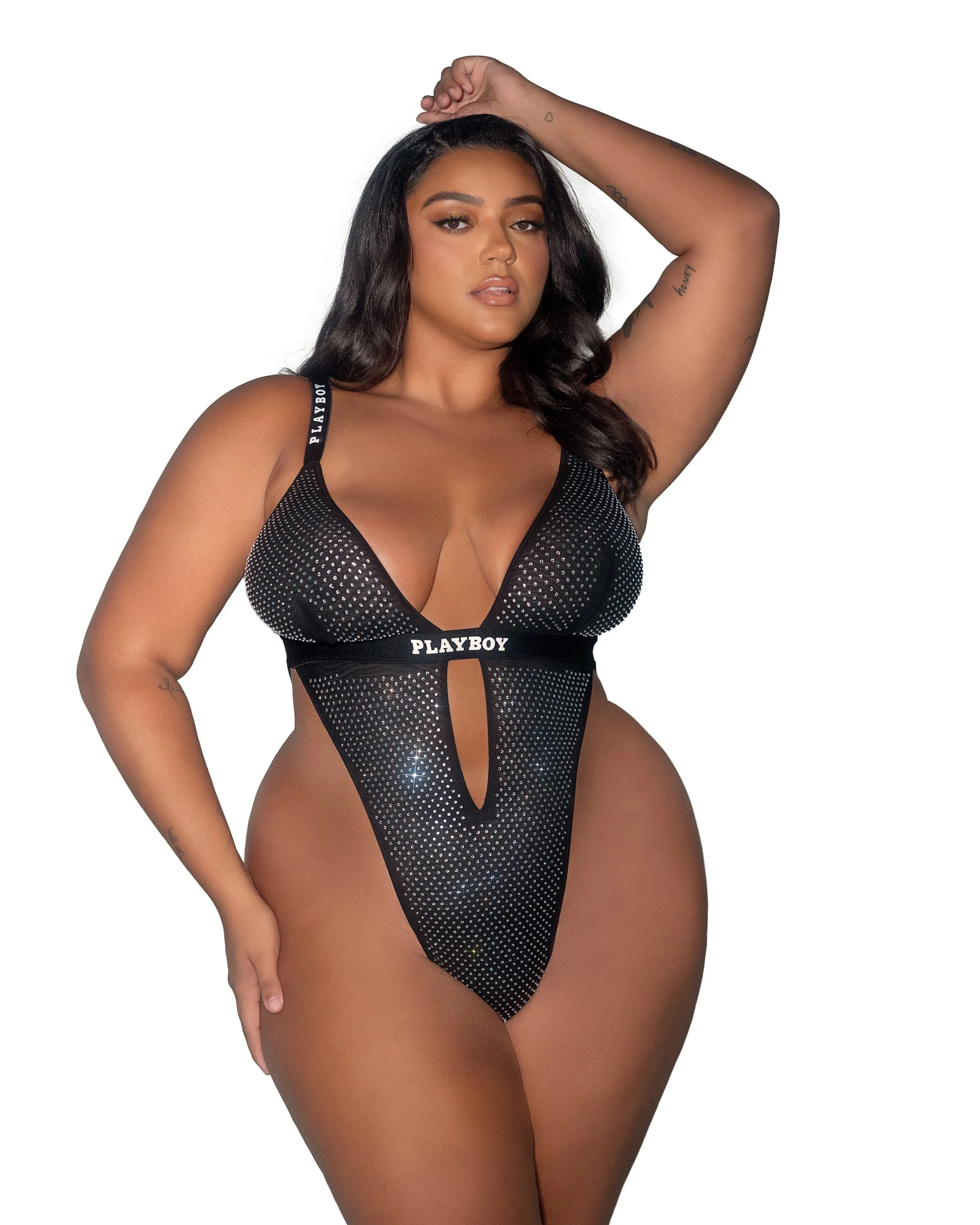 Playboy Disco Fever Rhinestone Black Thong Teddy Lingerie