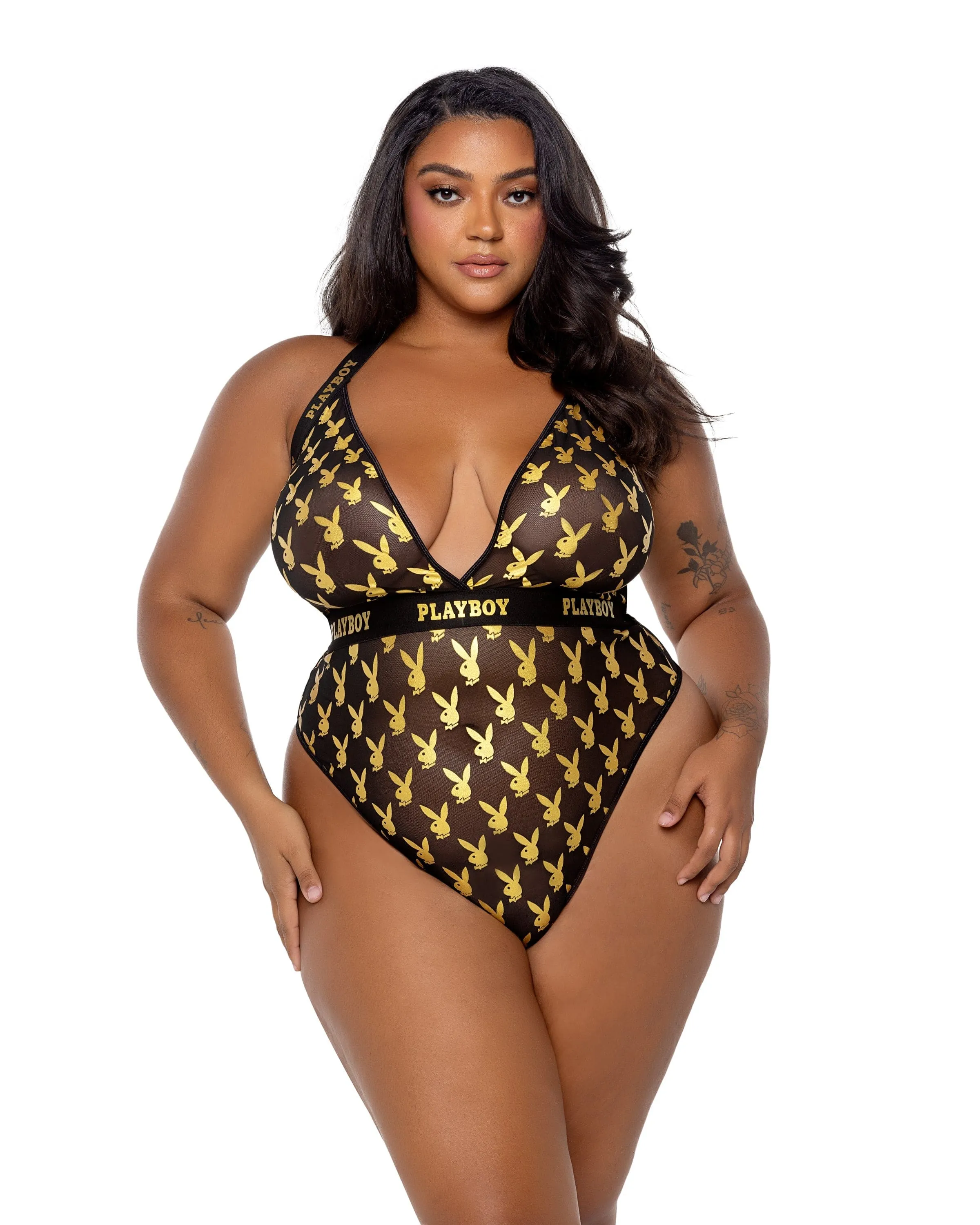 Playboy Gold Foil Icon Bunny Black Thong Teddy Lingerie