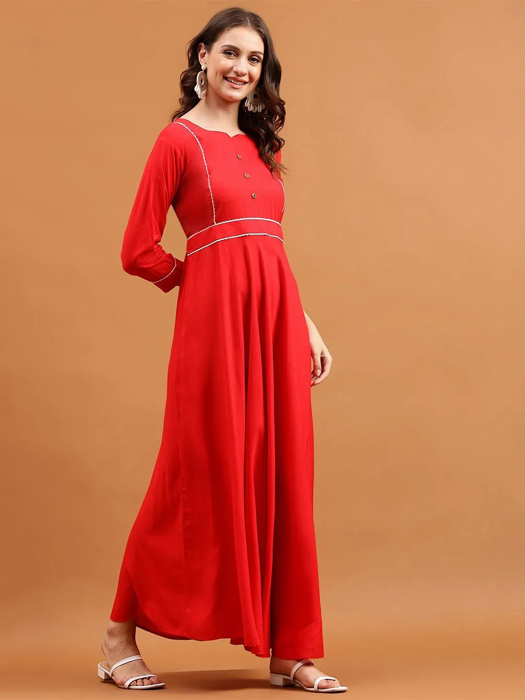 Red A-line Boat Neck Maxi Dress