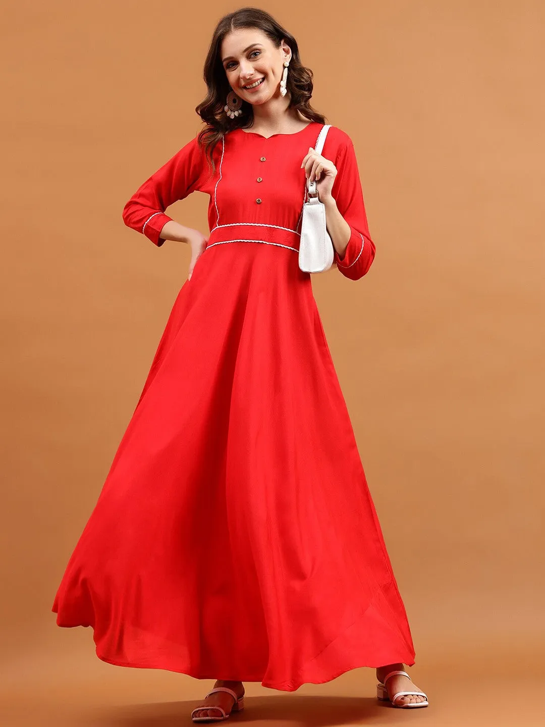 Red A-line Boat Neck Maxi Dress