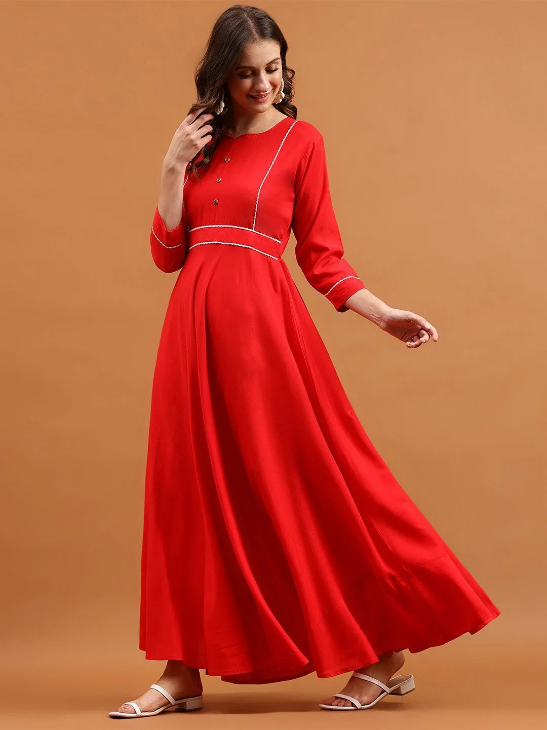 Red A-line Boat Neck Maxi Dress