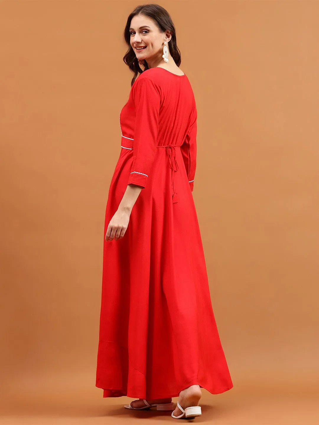 Red A-line Boat Neck Maxi Dress