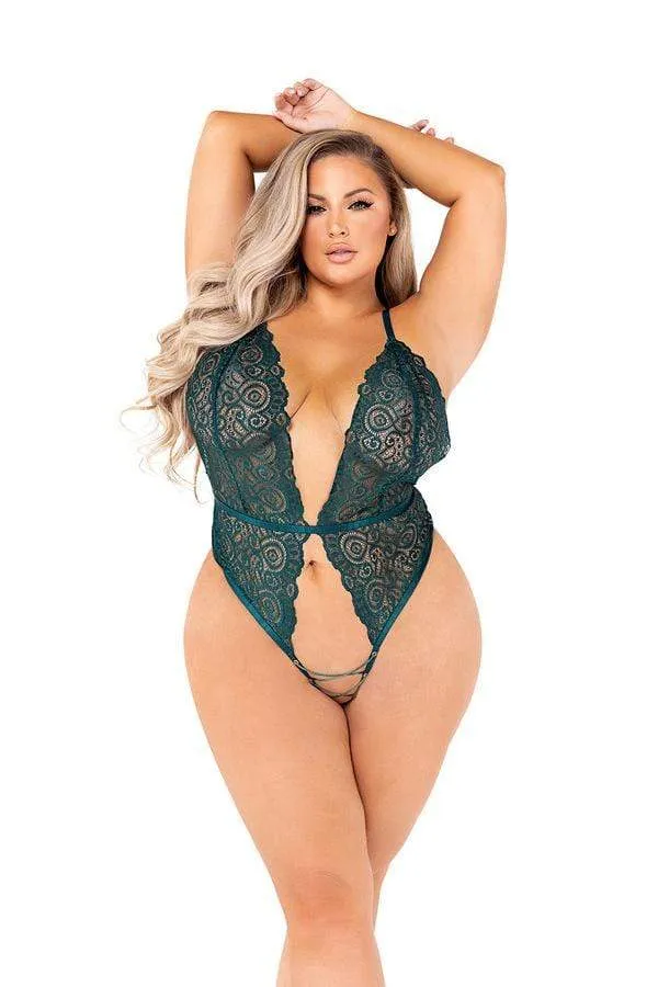 Red Lace High Cut w/ Lace Up Crotchless Teddy (Green also Available)