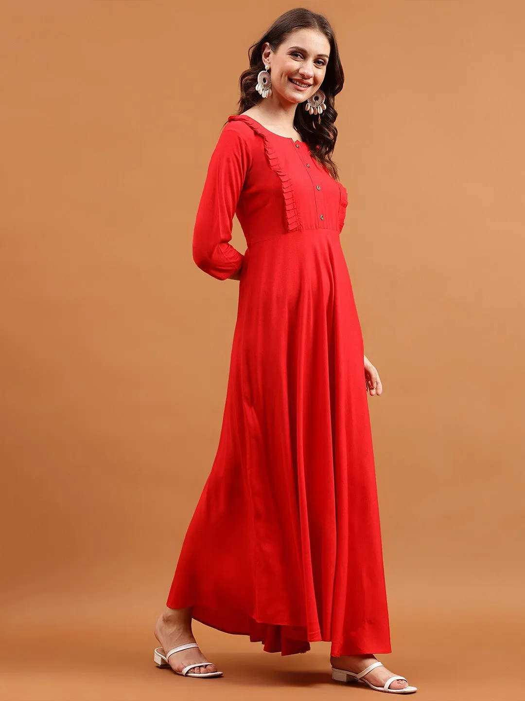 Red Solid Round neck Maxi dress