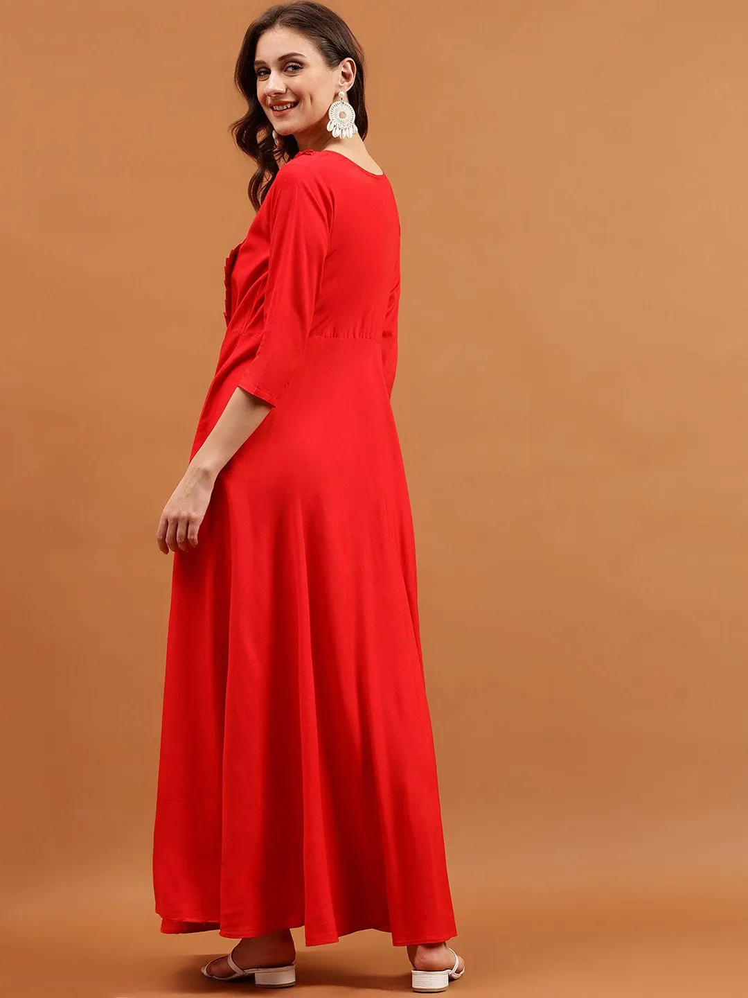 Red Solid Round neck Maxi dress