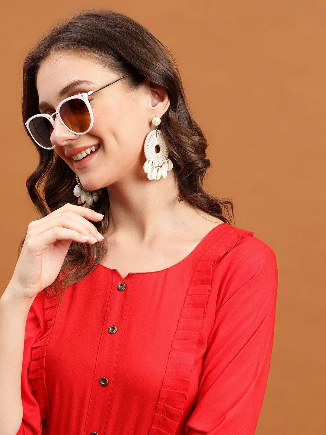 Red Solid Round neck Maxi dress