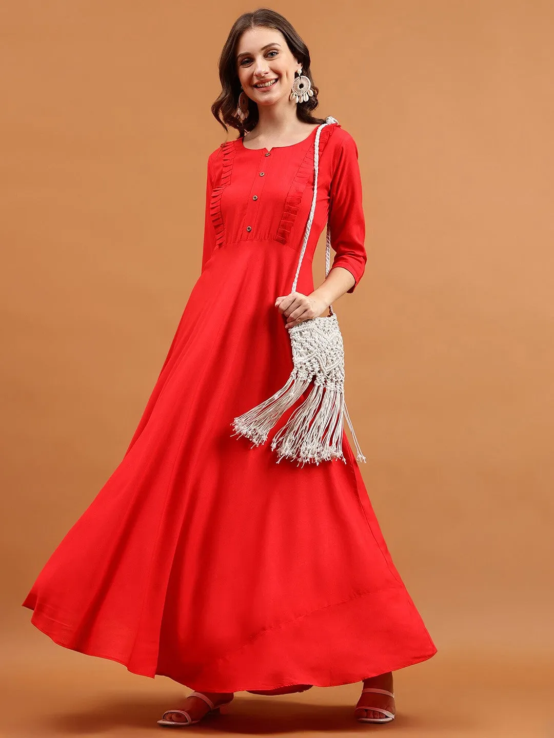 Red Solid Round neck Maxi dress