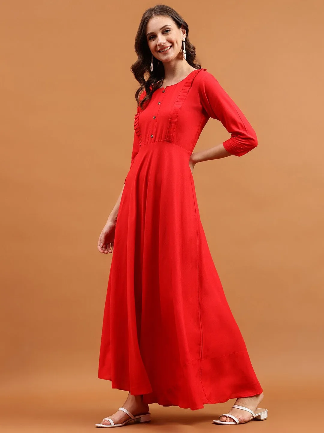 Red Solid Round neck Maxi dress