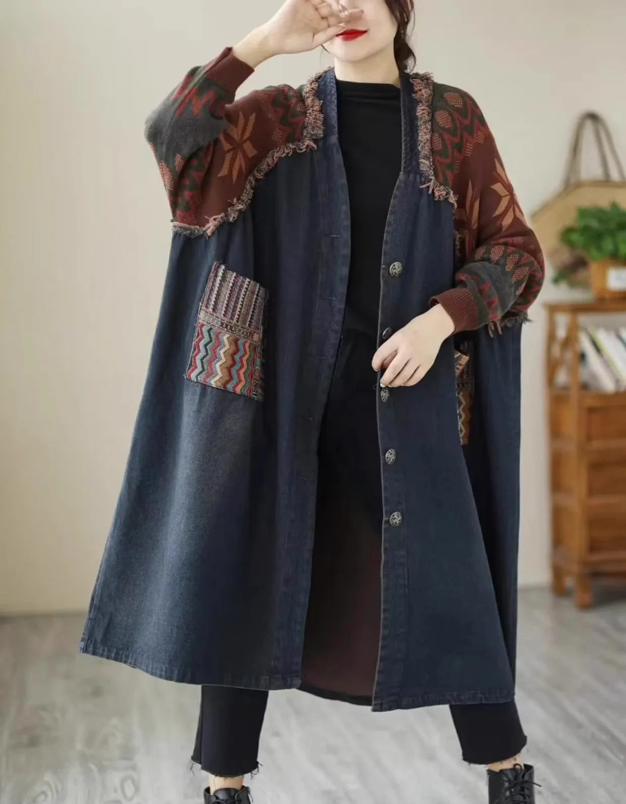 Retro Loose Casual Patchwork Denim Knitted Mid-length Coat