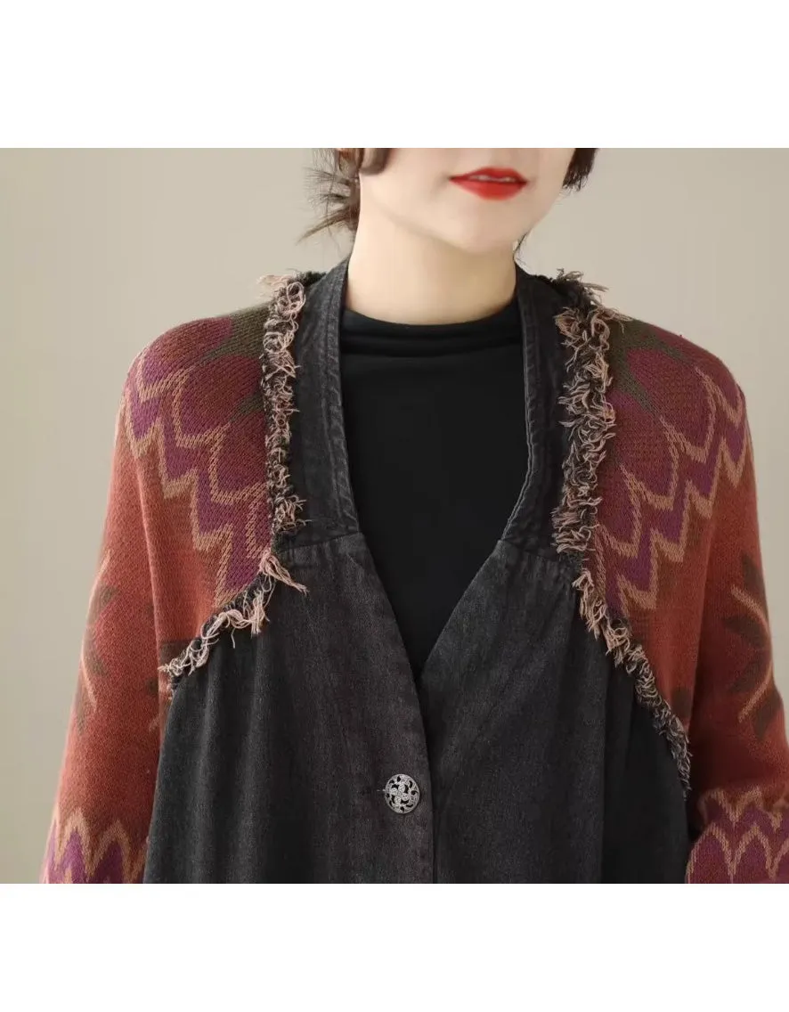 Retro Loose Casual Patchwork Denim Knitted Mid-length Coat