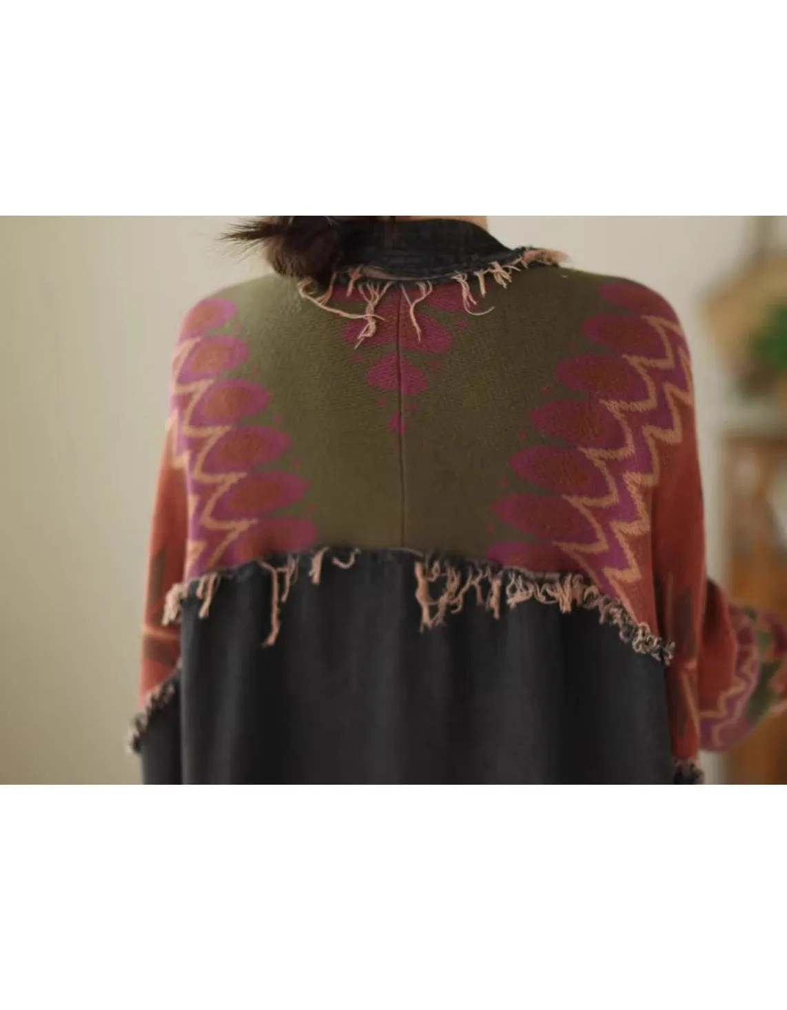 Retro Loose Casual Patchwork Denim Knitted Mid-length Coat
