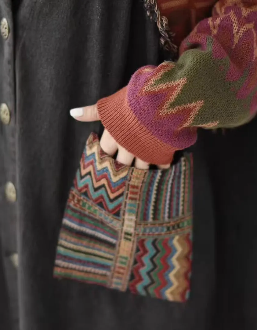 Retro Loose Casual Patchwork Denim Knitted Mid-length Coat