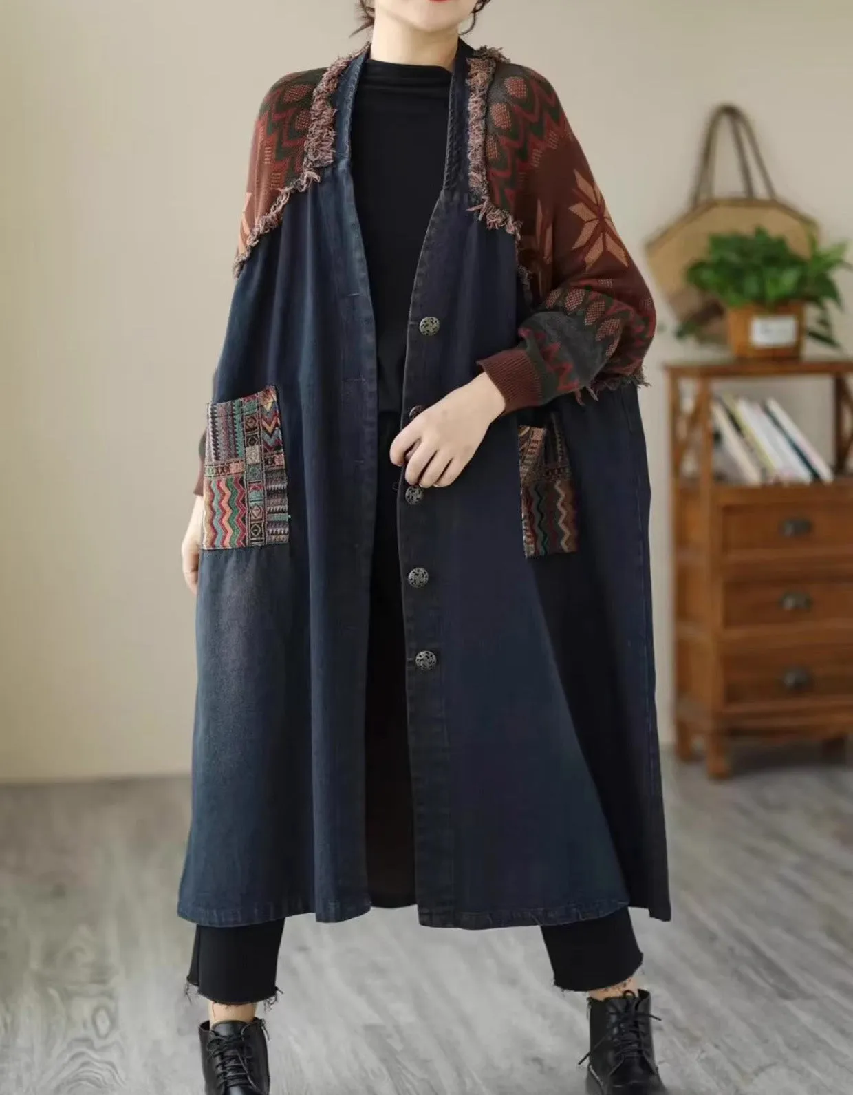 Retro Loose Casual Patchwork Denim Knitted Mid-length Coat