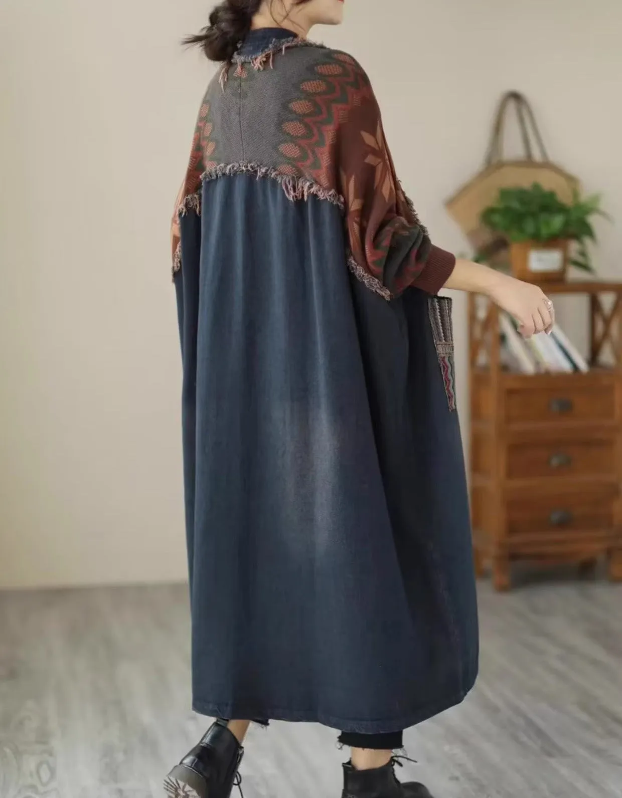 Retro Loose Casual Patchwork Denim Knitted Mid-length Coat