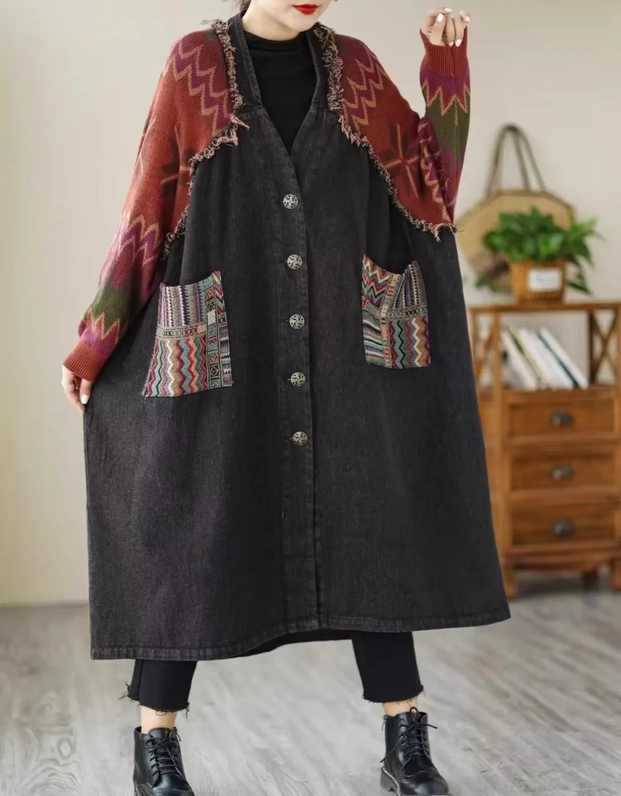 Retro Loose Casual Patchwork Denim Knitted Mid-length Coat