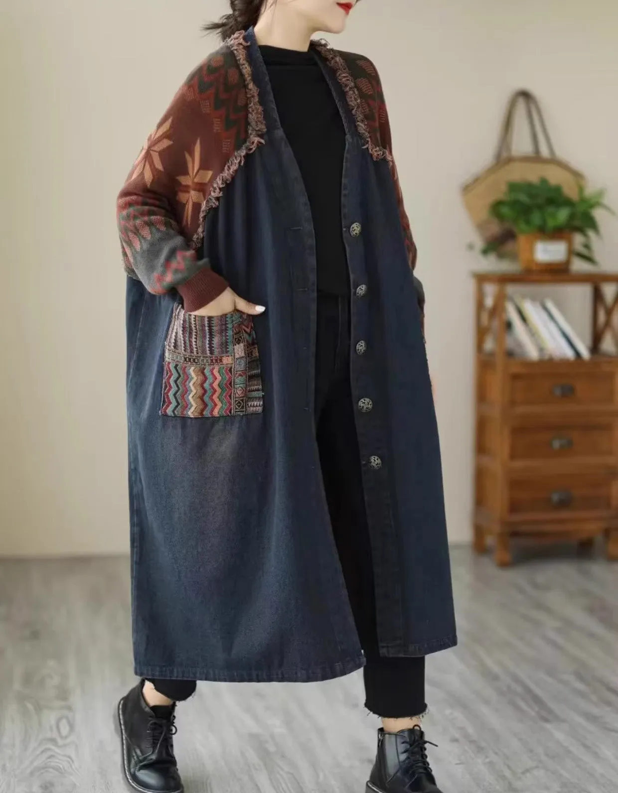 Retro Loose Casual Patchwork Denim Knitted Mid-length Coat