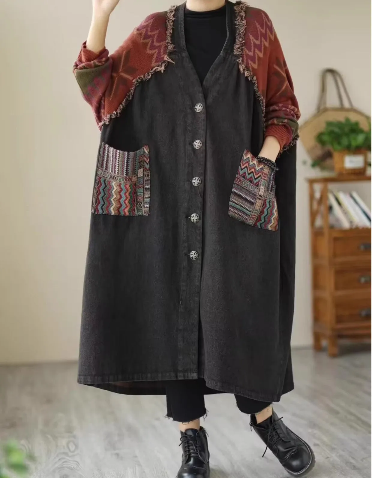 Retro Loose Casual Patchwork Denim Knitted Mid-length Coat