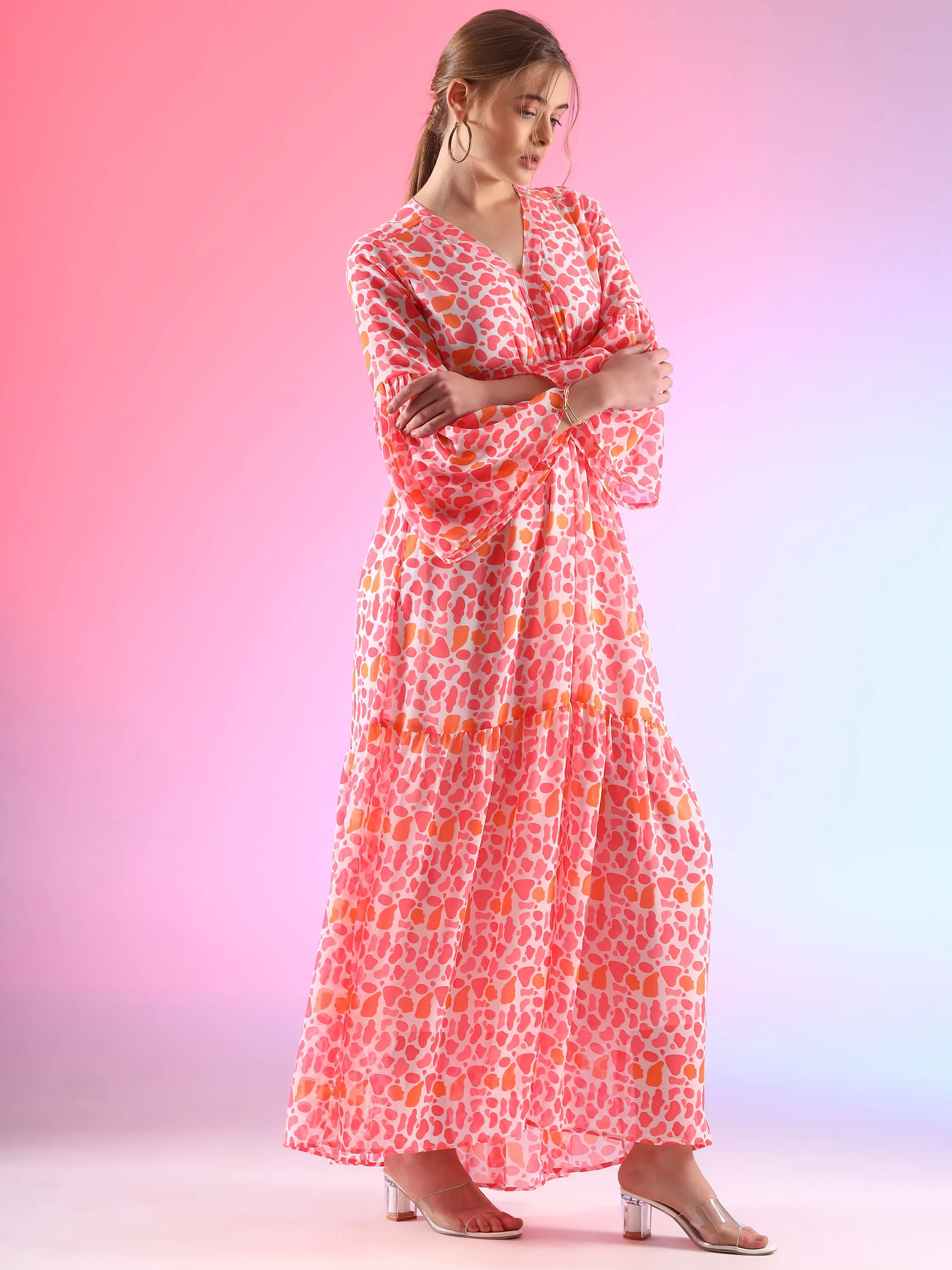 Rosy Romance Floral Printed Georgette Maxi Dress