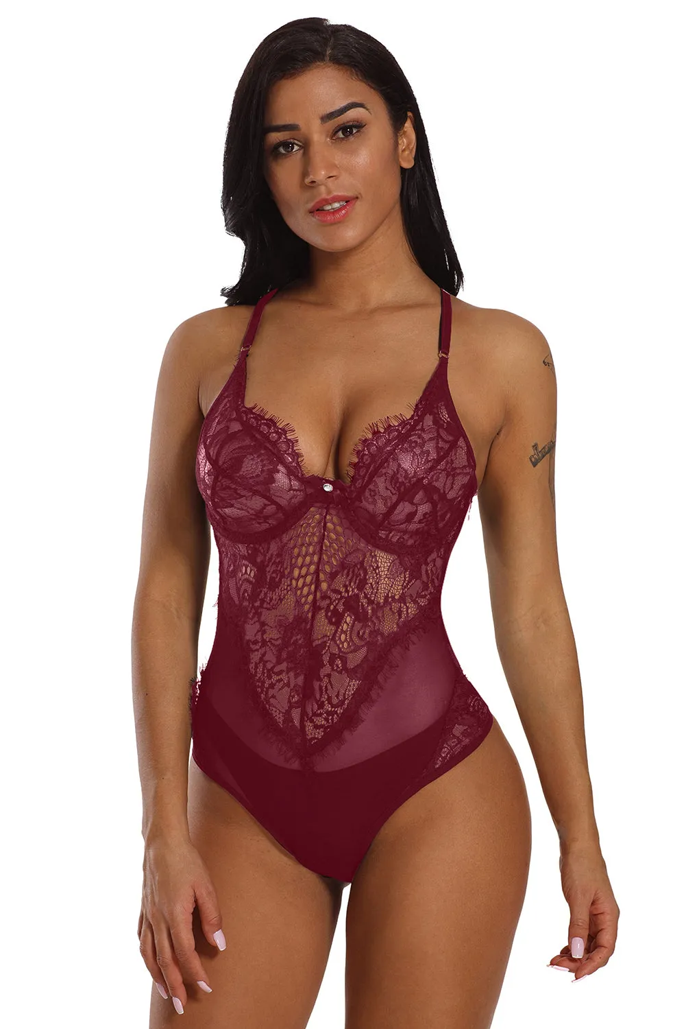Sheer Mesh Lace Cupped Teddy Lingerie