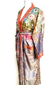 Silk Kimono Duster In a Water Color Print (Orange/Green)