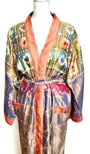 Silk Kimono Duster In a Water Color Print (Orange/Green)
